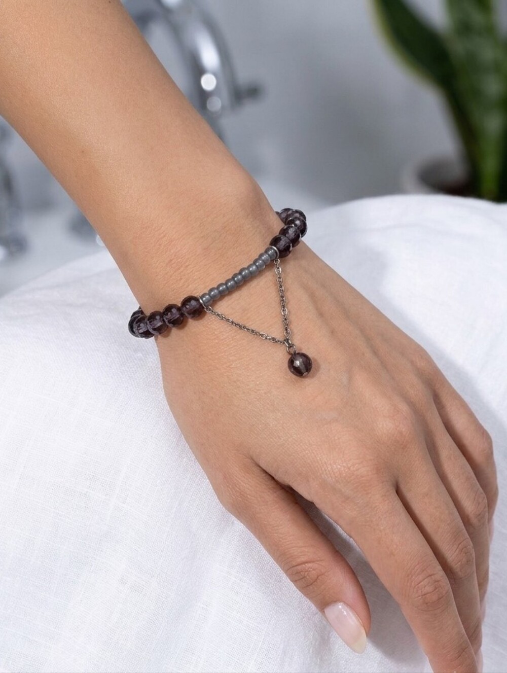 Handmade Grey Beaded Stretch Bracelet